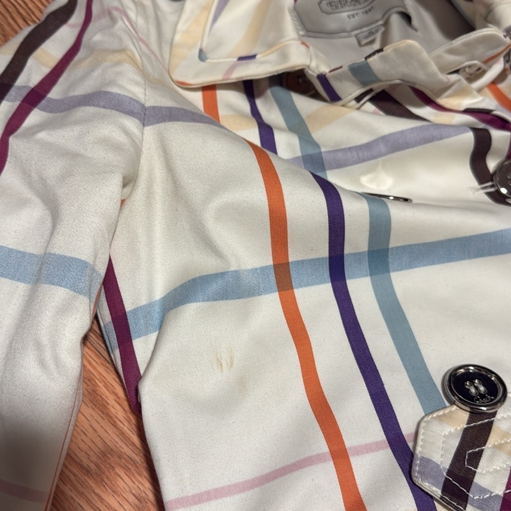 COACH Multicolor Plaid short Trench Coat belted jacket size 0 fall - Picture 8 of 10
